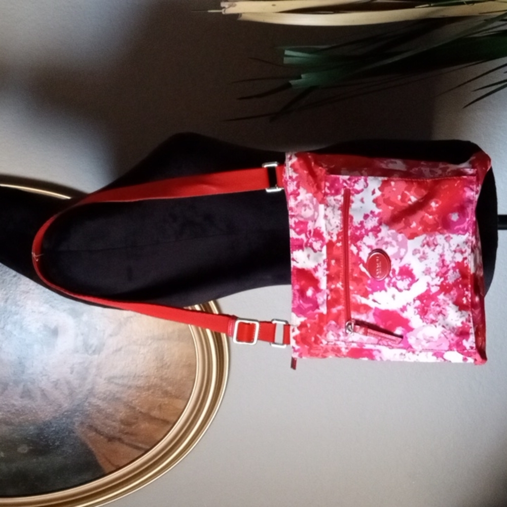 COACH Red & Pink Floral Nylon Crossbody Purse. Looks New!